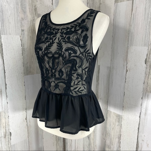 Forever 21 Black Sheer Mesh Embroidered Peplum Ruffle Sleeveless Blouse Top M - Picture 4 of 9